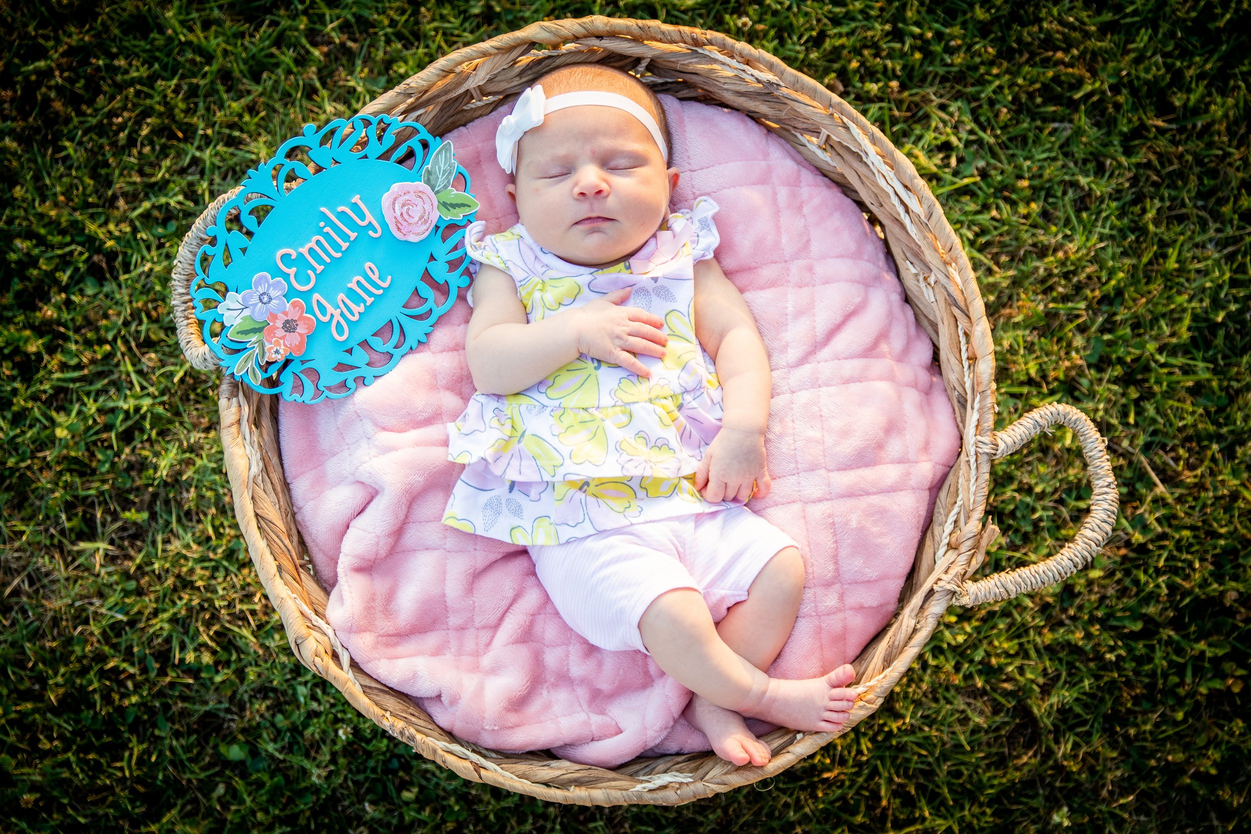 A baby girl with a white bow headband sleeping in a wicker basket with pink blanket inside on green grass, with a decorative sign that reads 'Emily Jane'