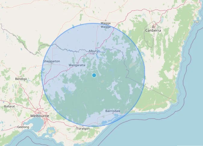 Map showing a highlighted radius centered near Albury, Australia, covering parts of southeastern New South Wales and north-eastern Victoria, including Gippsland, Bright, Shepparton, Wangaratta and Bairnsdale.