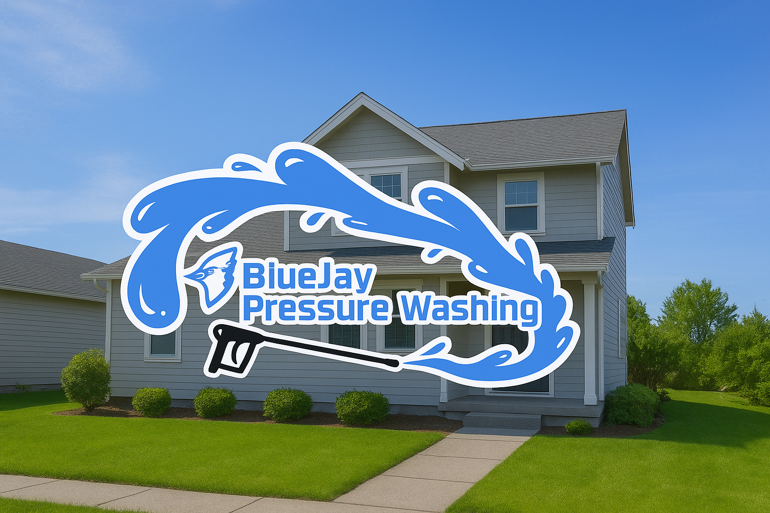 A house with a front yard featuring grass and bushes, overlaid with a logo for BlueJay Pressure Washing, showing a bluejay and a water spray.