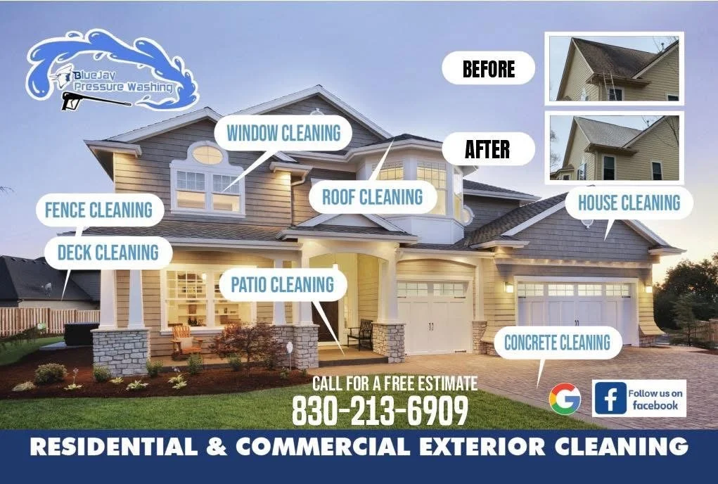 A house with labels indicating various cleaning services such as window cleaning, roof cleaning, house cleaning, concrete cleaning, patio cleaning, deck cleaning, and fence cleaning. There are before and after pictures of the house, and contact information for residential and commercial exterior cleaning services including a phone number and social media icons.