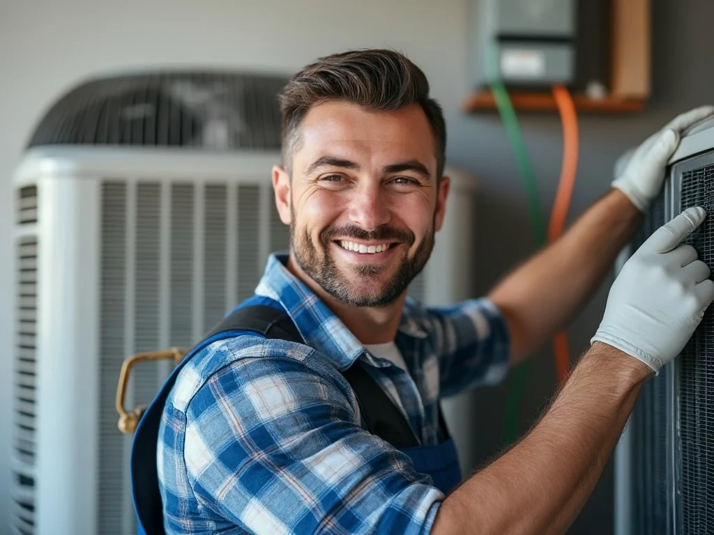 A smiling technician wearing gloves working on an air conditioning unit.