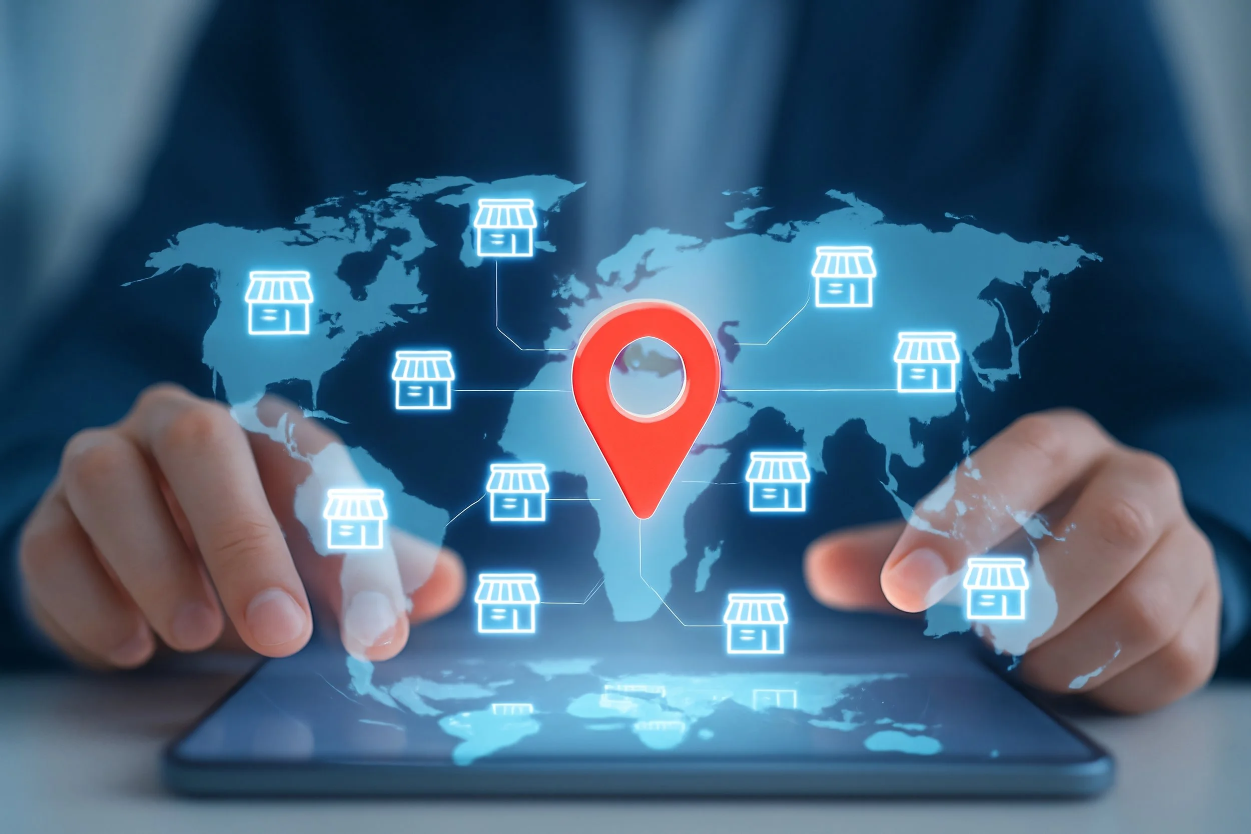 A person in a dark suit using a tablet with a digital world map overlay, showing location pins and store icons connected across the globe.