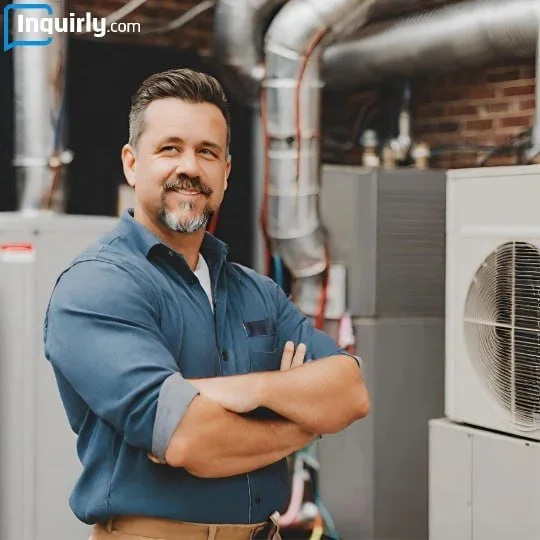 A man with dark hair and a beard, smiling with arms crossed, standing in front of HVAC equipment in a service setting.