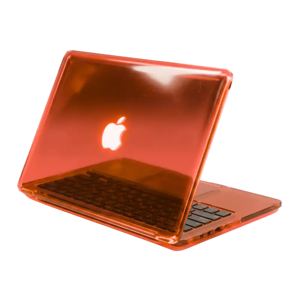 A laptop with a glowing Apple logo on the screen, featuring a translucent pink case.