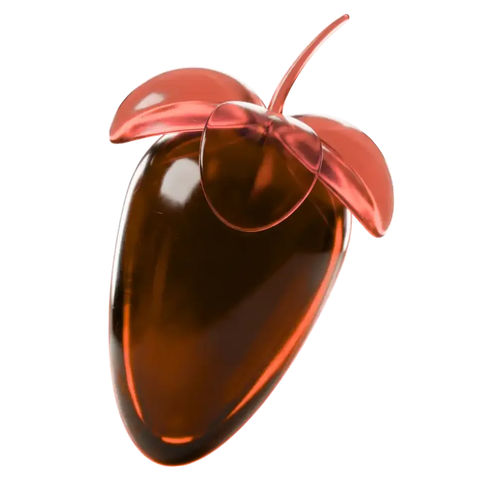 Glass sculpture resembling a heart with a cherry and two leaves on top.