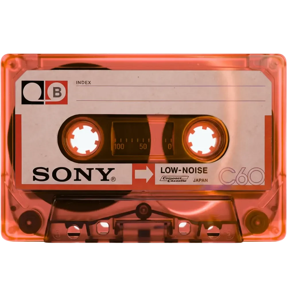 Pink Sony C60 compact cassette tape with white label, black and red logos, and black text indicating low-noise and other features.