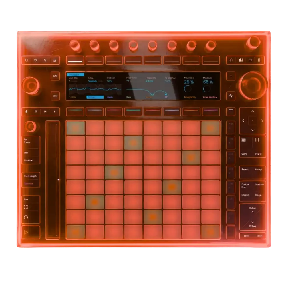 A digital music production device with a grid of pads, knobs, and a screen displaying audio levels and settings, all illuminated with an orange glow.