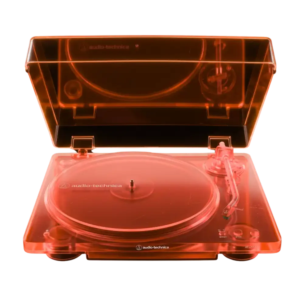 A neon orange transparent turntable with a cover, brand name audio-technica, and controls on the right side.