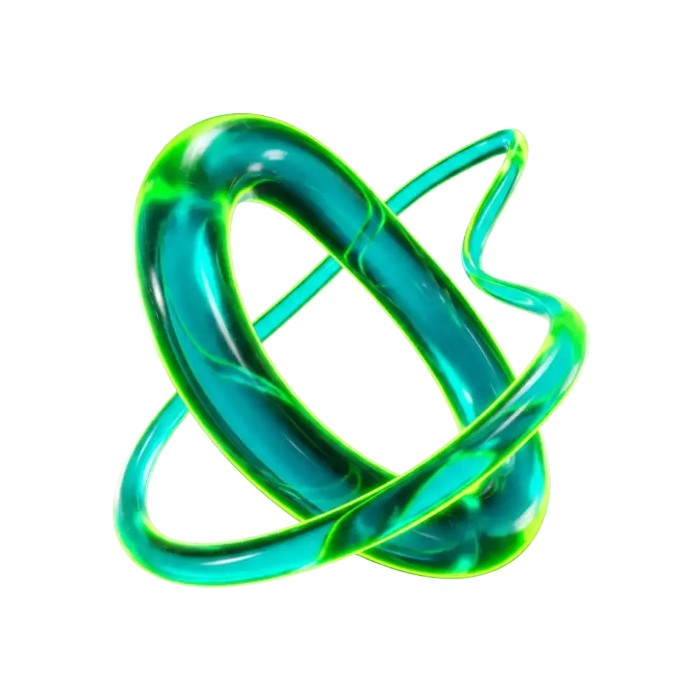 Colorful abstract 3D model resembling an atomic or molecular structure with loops of green and blue neon-like light.