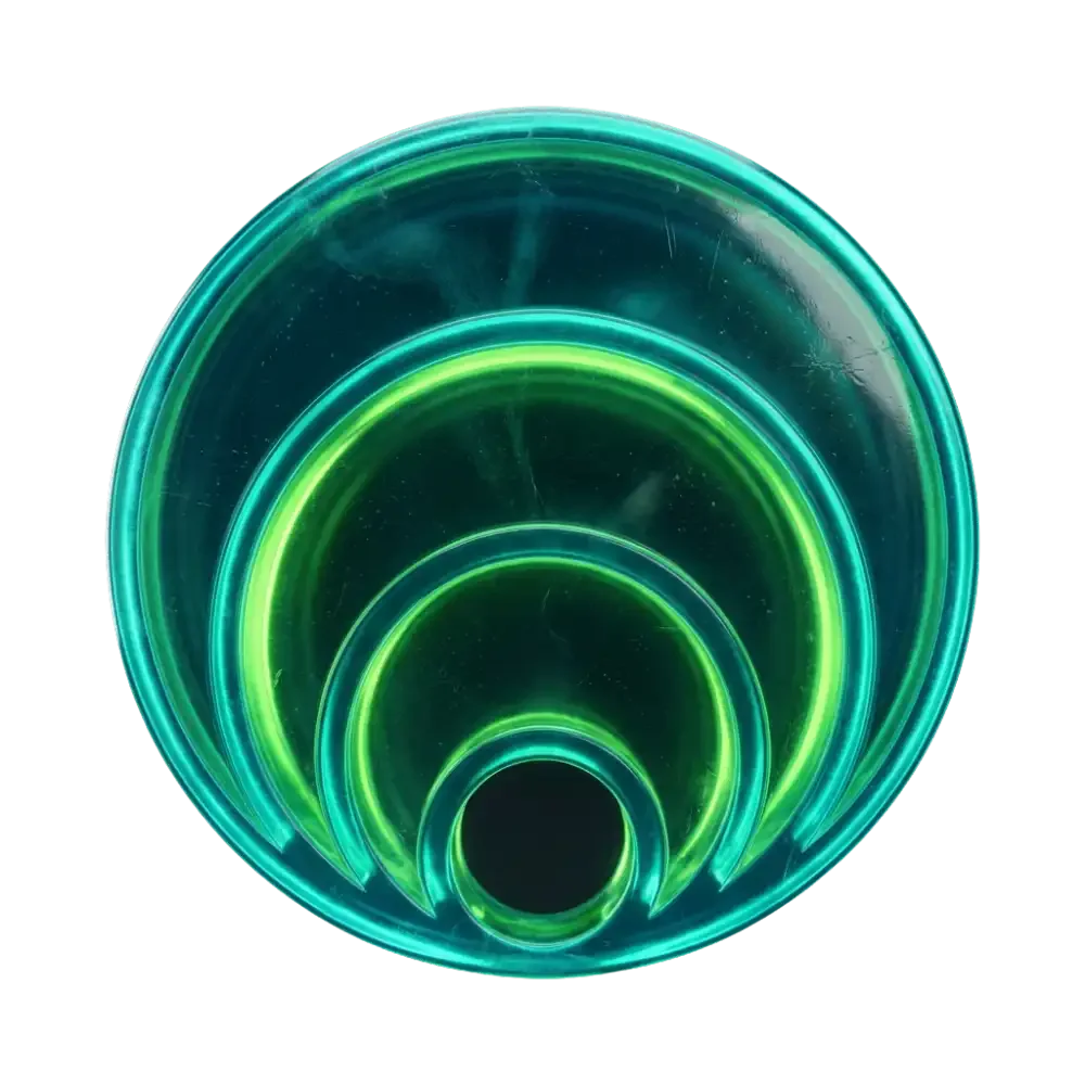 Top view of a glowing, neon-lit stack of clear plastic cups arranged in descending size, illuminated with green and blue lights.