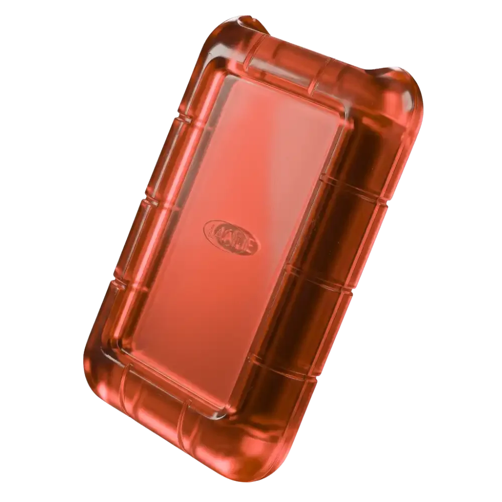 A pink, rectangular, plastic container with rounded edges, featuring a central raised lid with a logo.