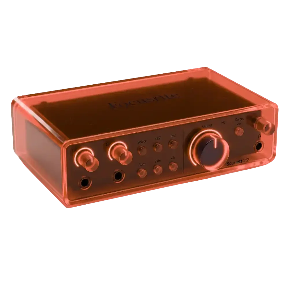 A modern, neon-style guitar amplifier in transparent pink with glowing controls and knobs.