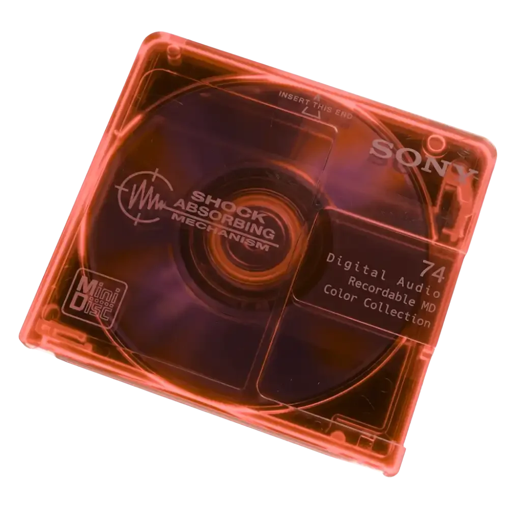 A digital audio recorder with a transparent orange case, showing internal components and labeled features like shock absorbing mechanism and mini disc technology.