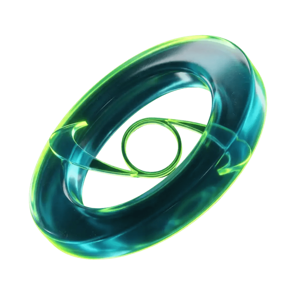 A 3D digital illustration of an atom with glowing green and blue colors.