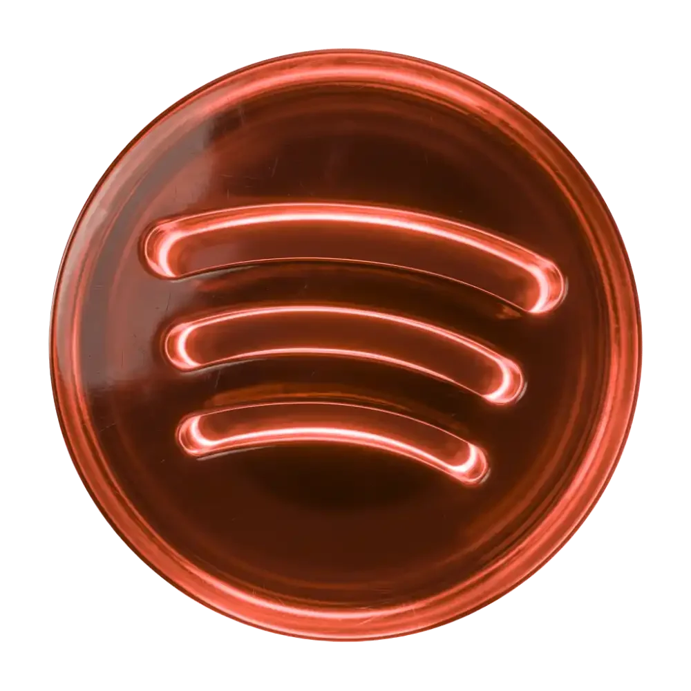 Neon sign of the Spotify logo in a circular shape with horizontal lines inside, glowing in reddish-orange.