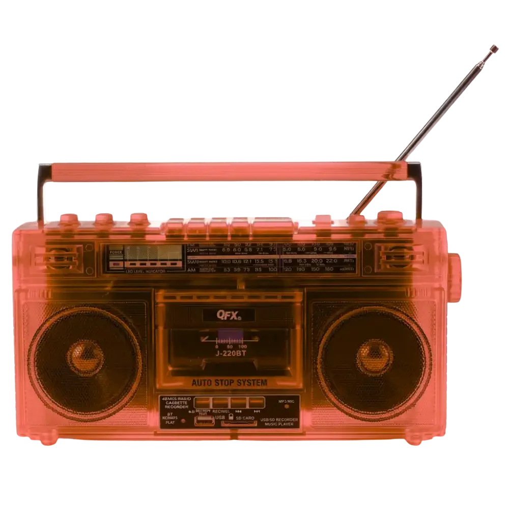 A vintage orange translucent boombox with a handle and extendable antenna, featuring stereo speakers, radio tuner, cassette deck, and various controls.
