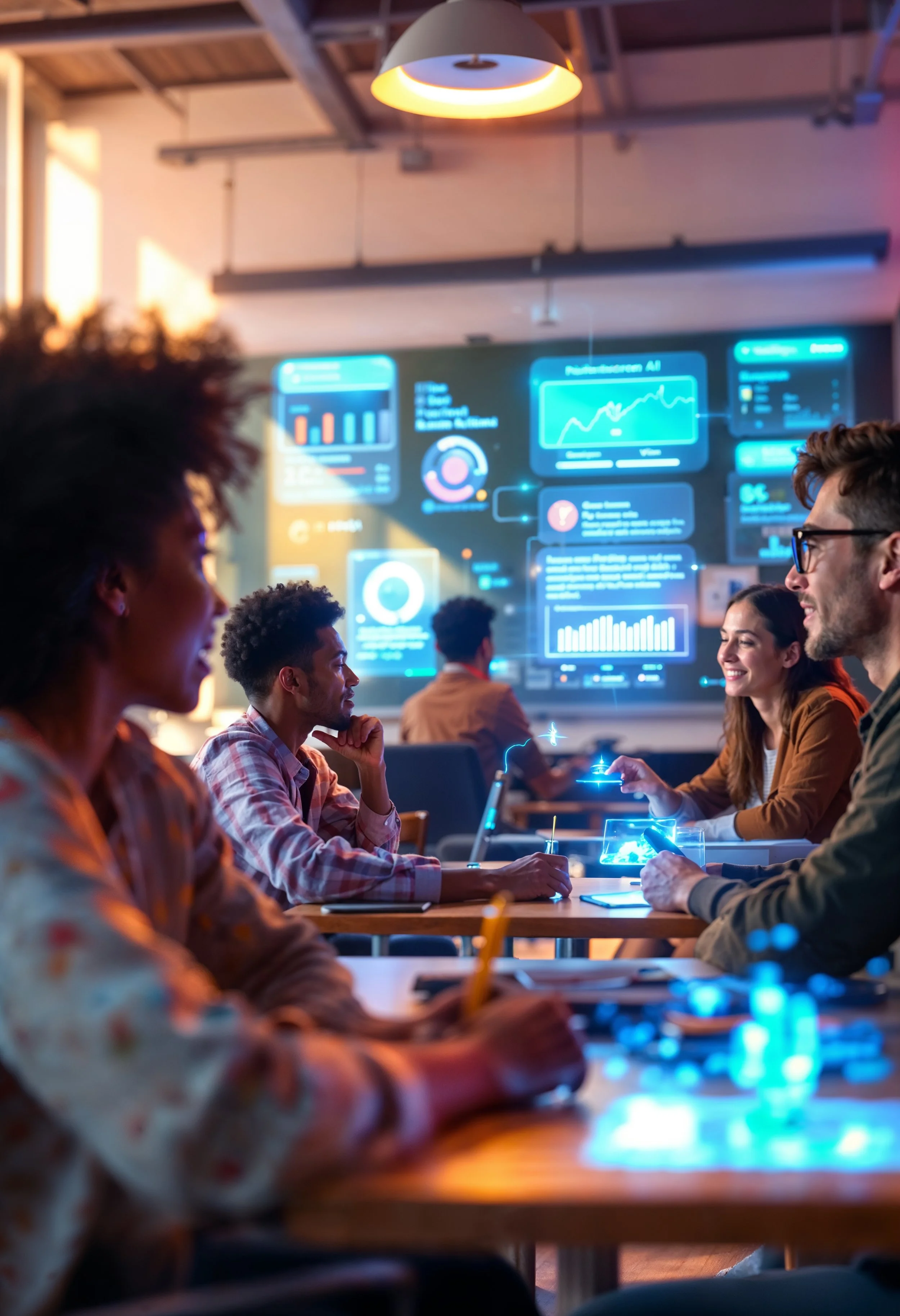 A group of professionals in a meeting room with a large digital screen displaying data and graphs related to AI and analytics.