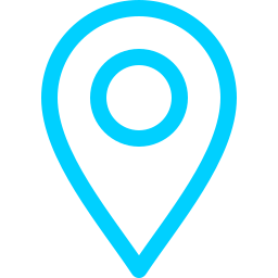 A glowing blue map pin icon on a black background.