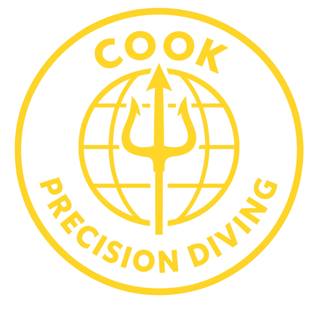 Logo with a black background and yellow outline that reads "COOK PRECISION DIVING" surrounding a globe with latitude and longitude lines. In the center, there is a yellow trident with an upward arrow.