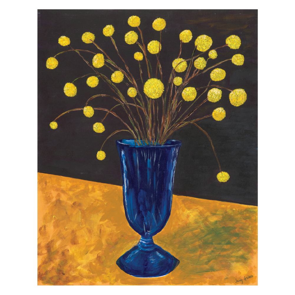 Yellow Pom Pops in Blue Glass vase, 16x20, Acrylic, canvas panel- Mardi's Garden Series