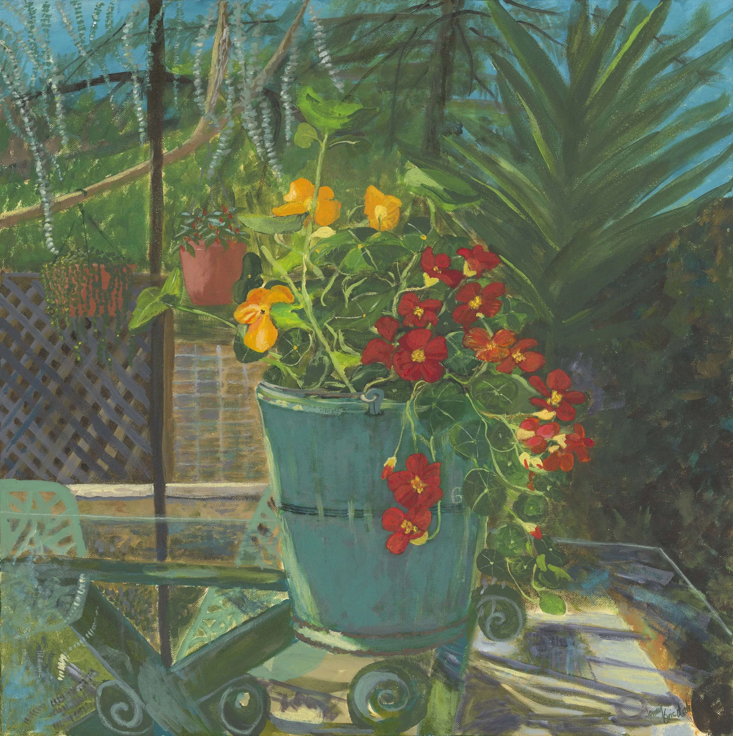 Nasturtiums in old French Bucket, 24x24, Acrylic on canvas-Mardi's Garden series (click on image to see full view)