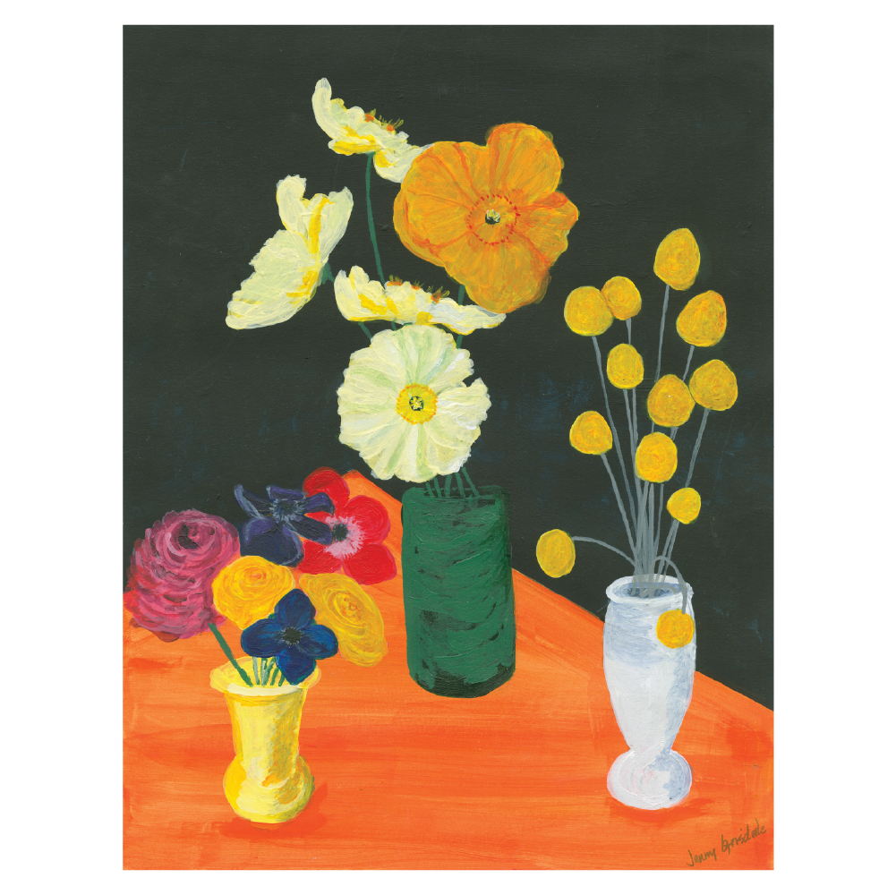 Garden flowers in three vases, 11x14, Acrylic, paper- Mardi's Garden Series