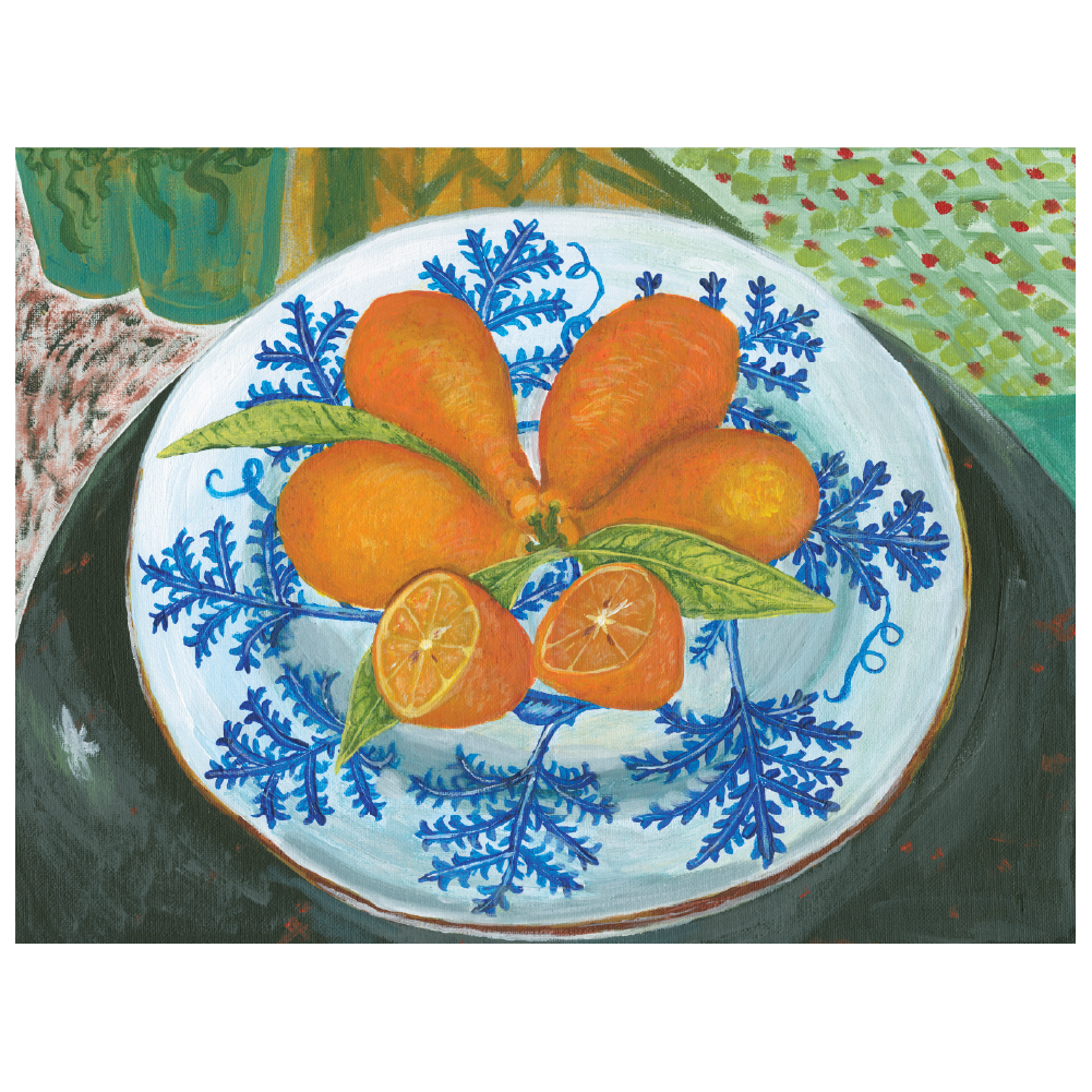 Kumquots on blue and white plate, 16x12, Acrylic, canvas- Mardi's Garden Series
