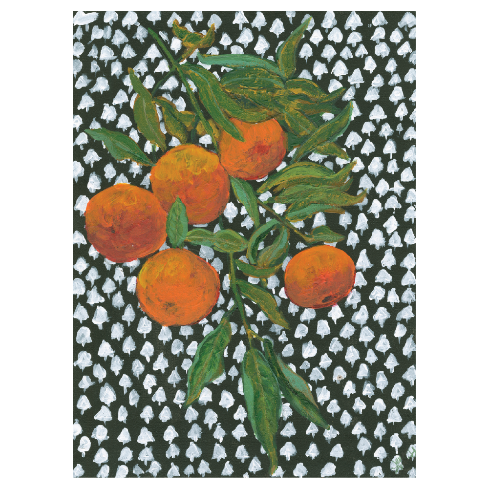 Mandarin Branch on Black & white Batik, 9x12, Acrylic, paper-Mardi's Garden Series