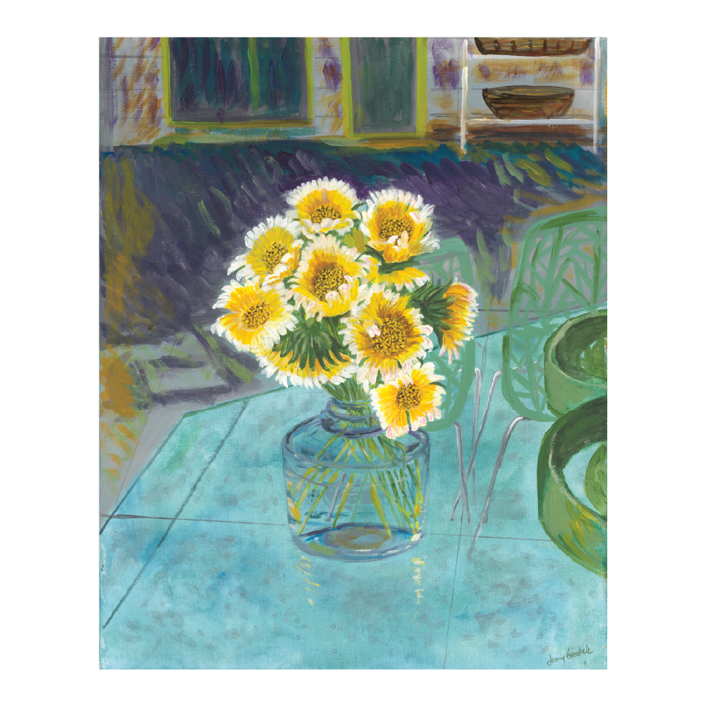 Yellow & White Asters on Glass table,16x20, Acrylic, canvas- Mardi's Garden Series