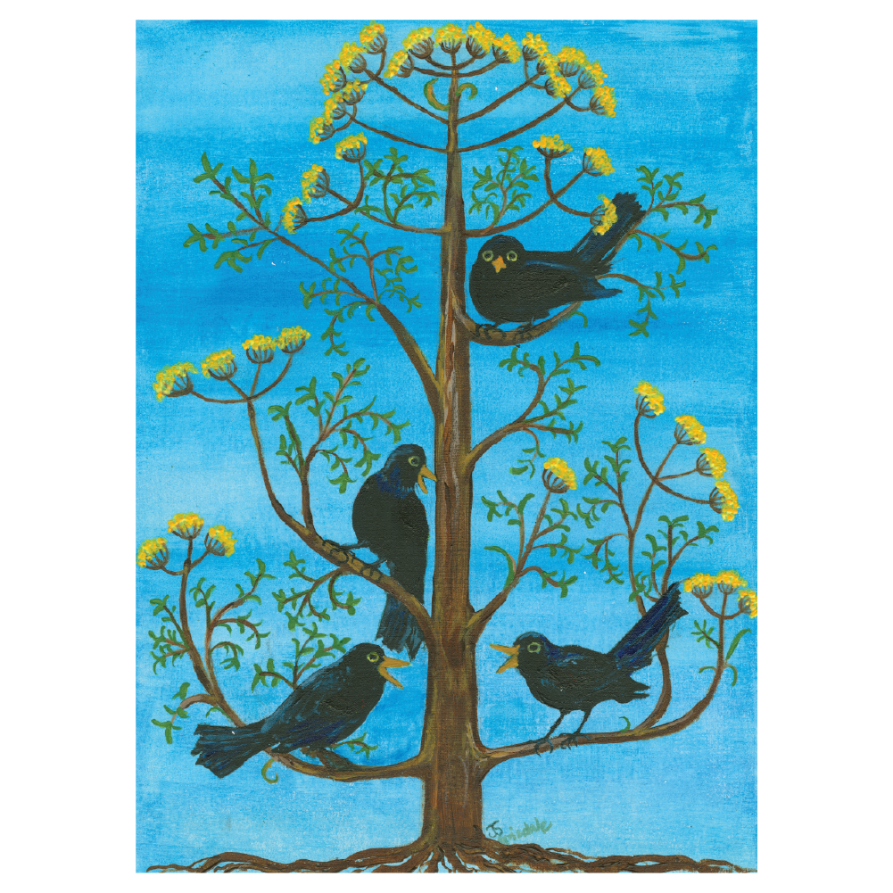 Four Calling Birds in Mustard Tree,9x12, Acrylic, paper - 12 Days of Christmas series