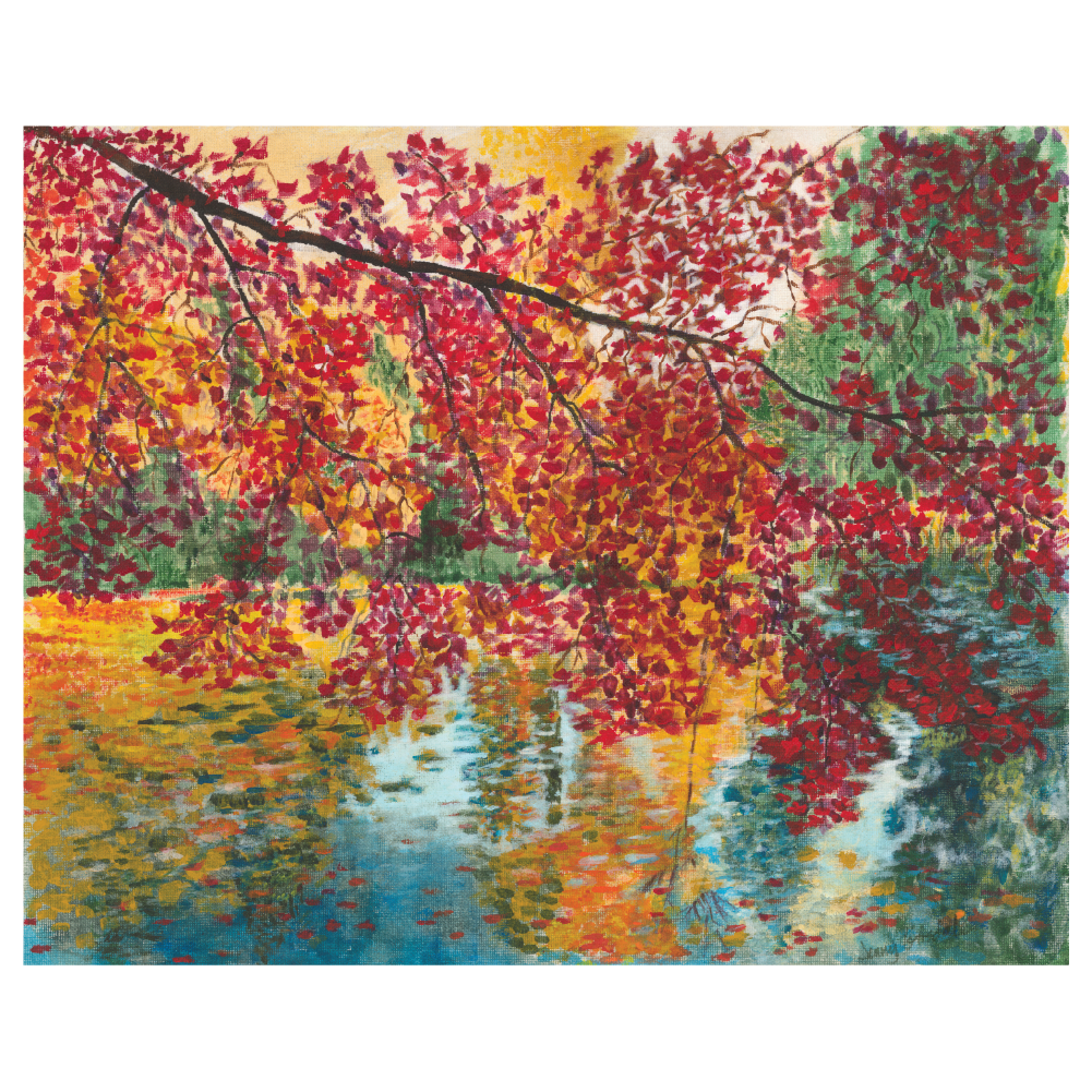 Maple in Fall over Pond, 20x16, Acrylic,       Canvas