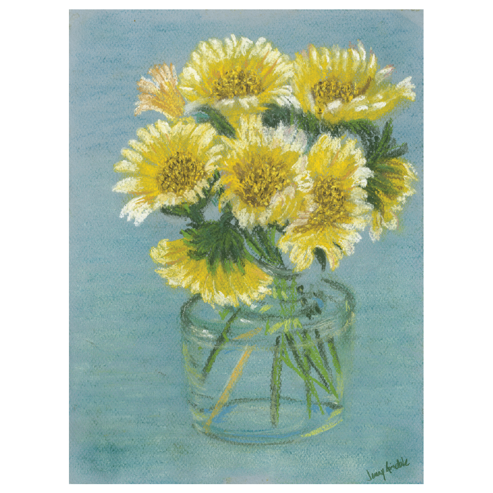 Yellow and White Asters in glass vase, 9x12 Pastel on paper - Mardi's Garden Series