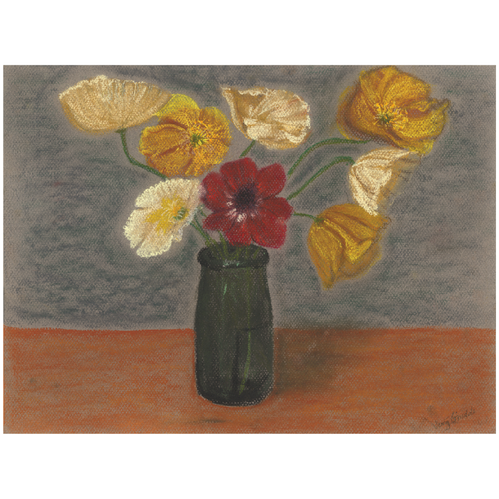 Poppies in Green Glass vase, 16x12 Pastel, paper - Mardi's Garden Series