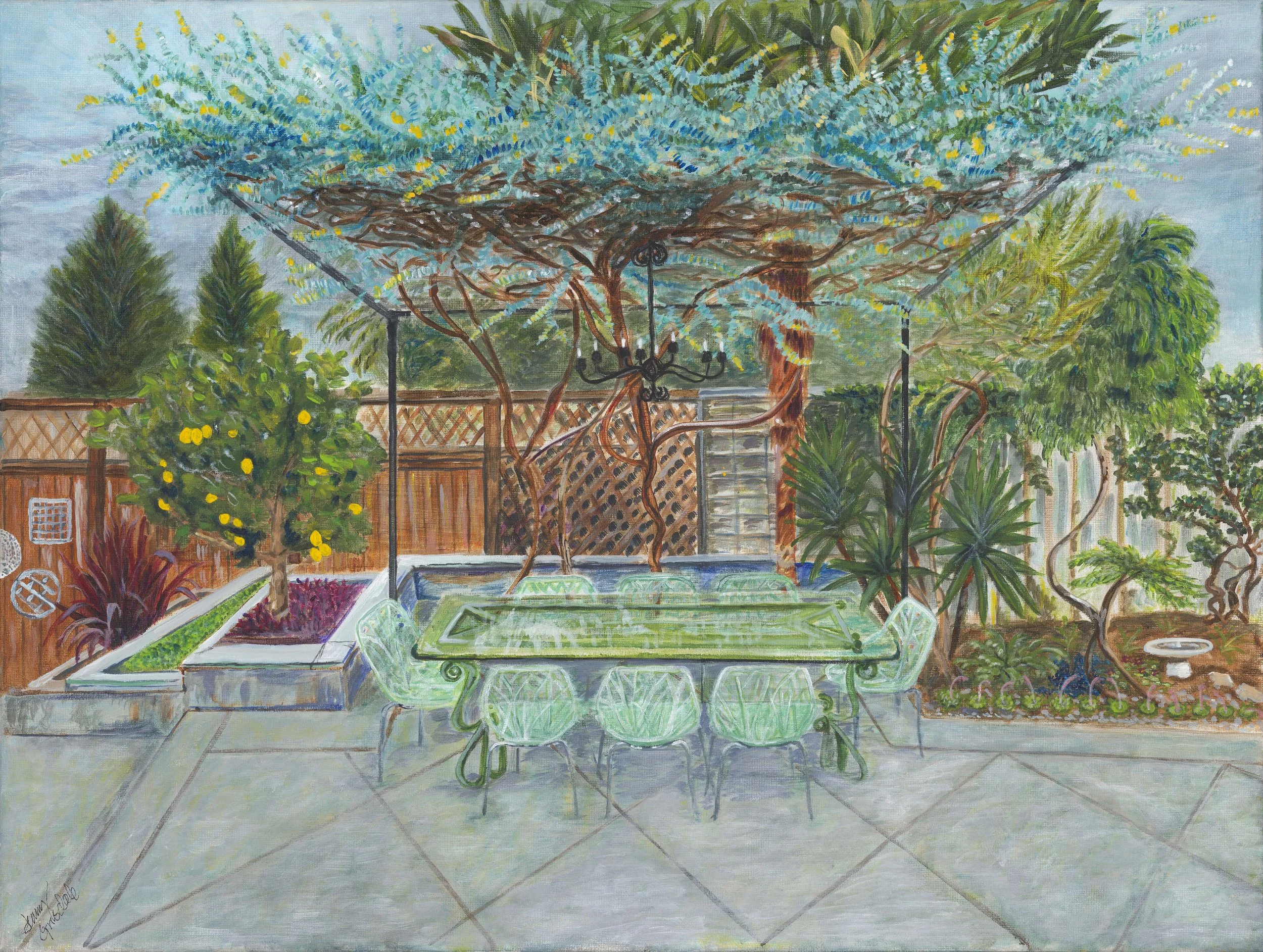 Dinner under Eucalyptus, 24x16, Acrylic on canvas-Mardi's Garden series (click on image to see full view)