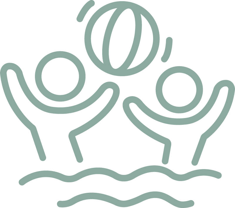 Two stylized figures playing volleyball in water.