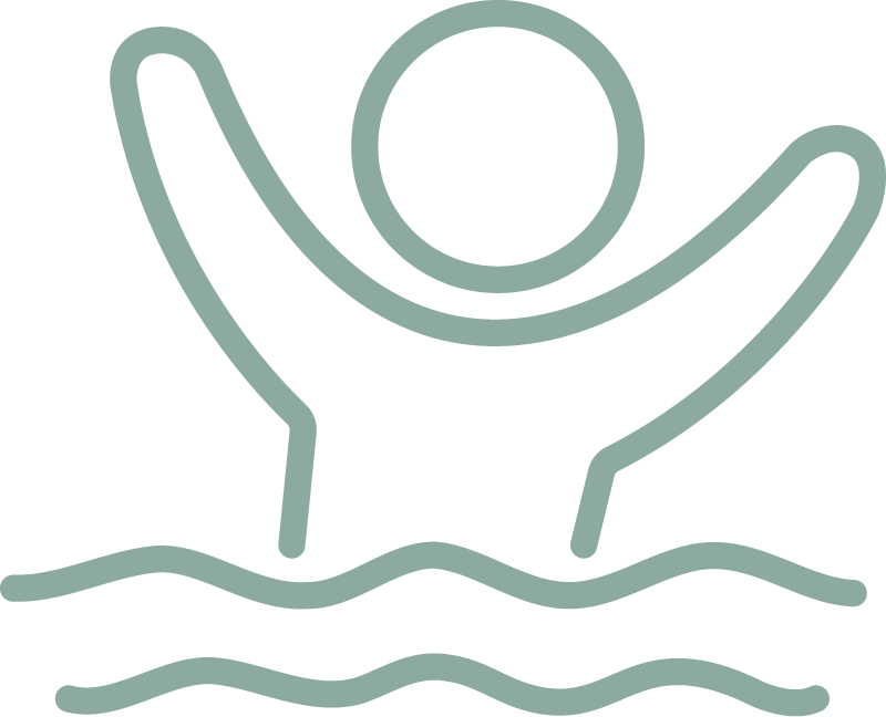Line drawing of a person with arms raised, standing in water.