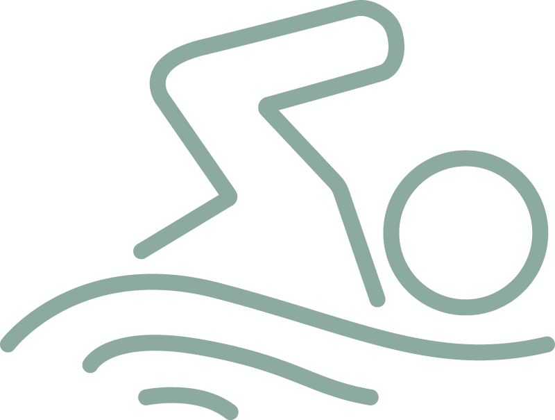 Minimalist line drawing of a person swimming in water with waves, and the sun in the background.