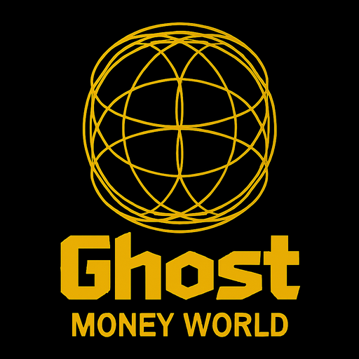 A yellow globe made of interconnected lines on a black background with the words 'Ghost Money World' in yellow text.