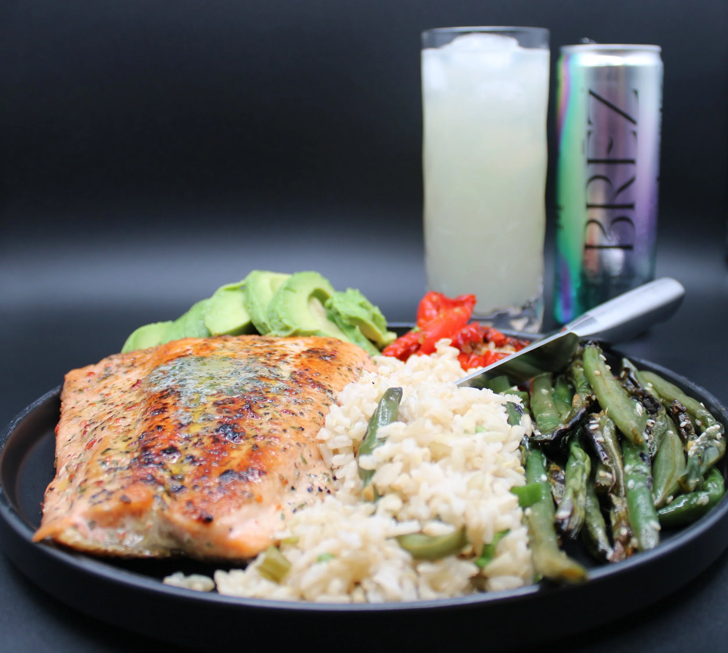Citrus Butter Salmon Plate w/ Brown Rice, Avocado, Peppers &amp; BREZ