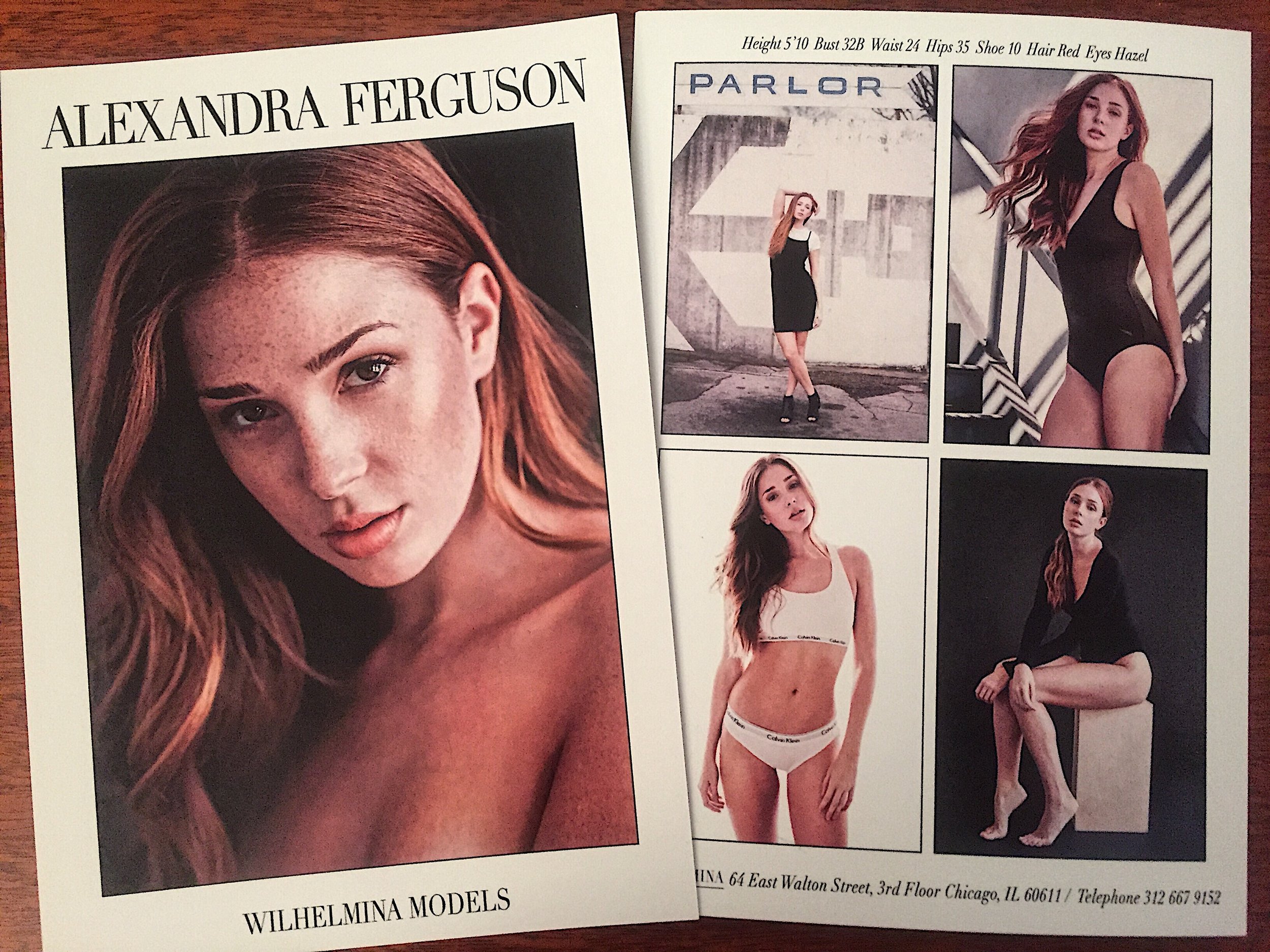 Two pages of a modeling portfolio featuring a red-haired woman named Alexandra Ferguson. The left page shows a close-up portrait of her with her hair swept to the side, and text indicating her measurements and contact information. The right page contains four full-body photographs of her in different outfits and settings, including a black dress, swimsuit, and casual wear, with her height, bust, waist, hips, shoe size, eye, and hair color listed at the top.