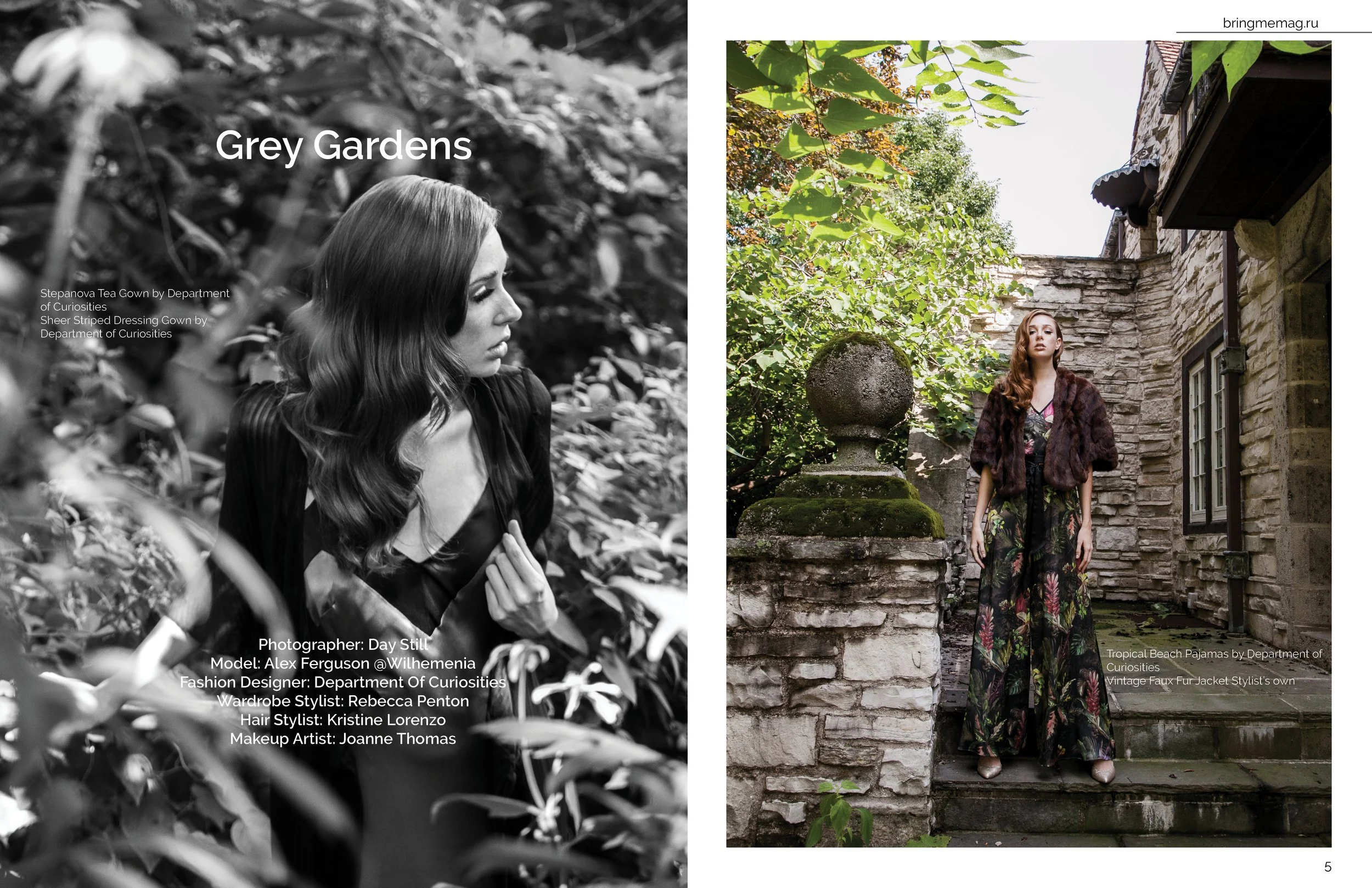 Black and white photo of a woman with wavy hair in a garden, wearing a dark dress and a tea gown. The right side shows a woman with long wavy hair in a patterned dress, standing outside among stone and brick structures with trees in the background.