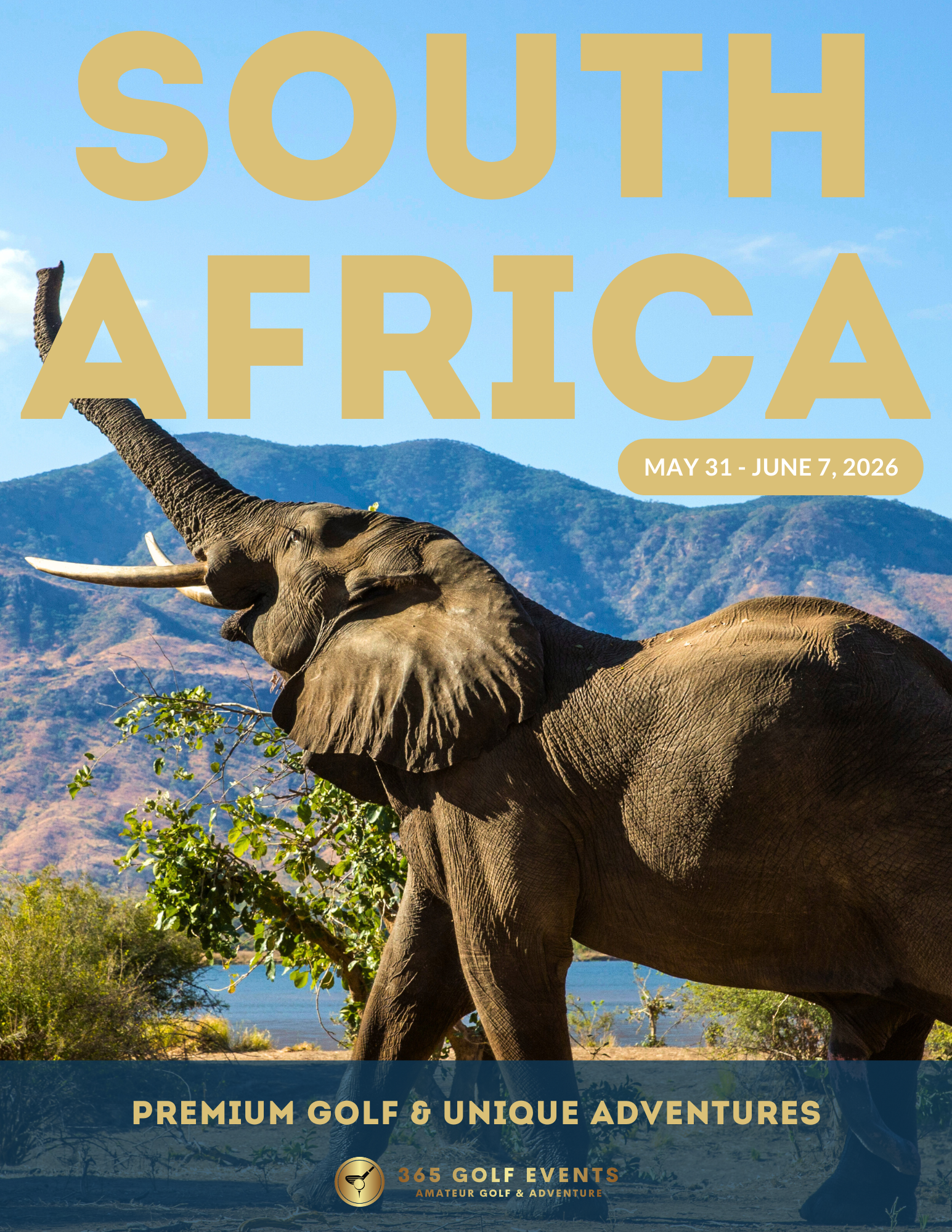 An elephant standing on grass near a body of water with mountains in the background during daytime, promoting a golf and adventure event in South Africa.