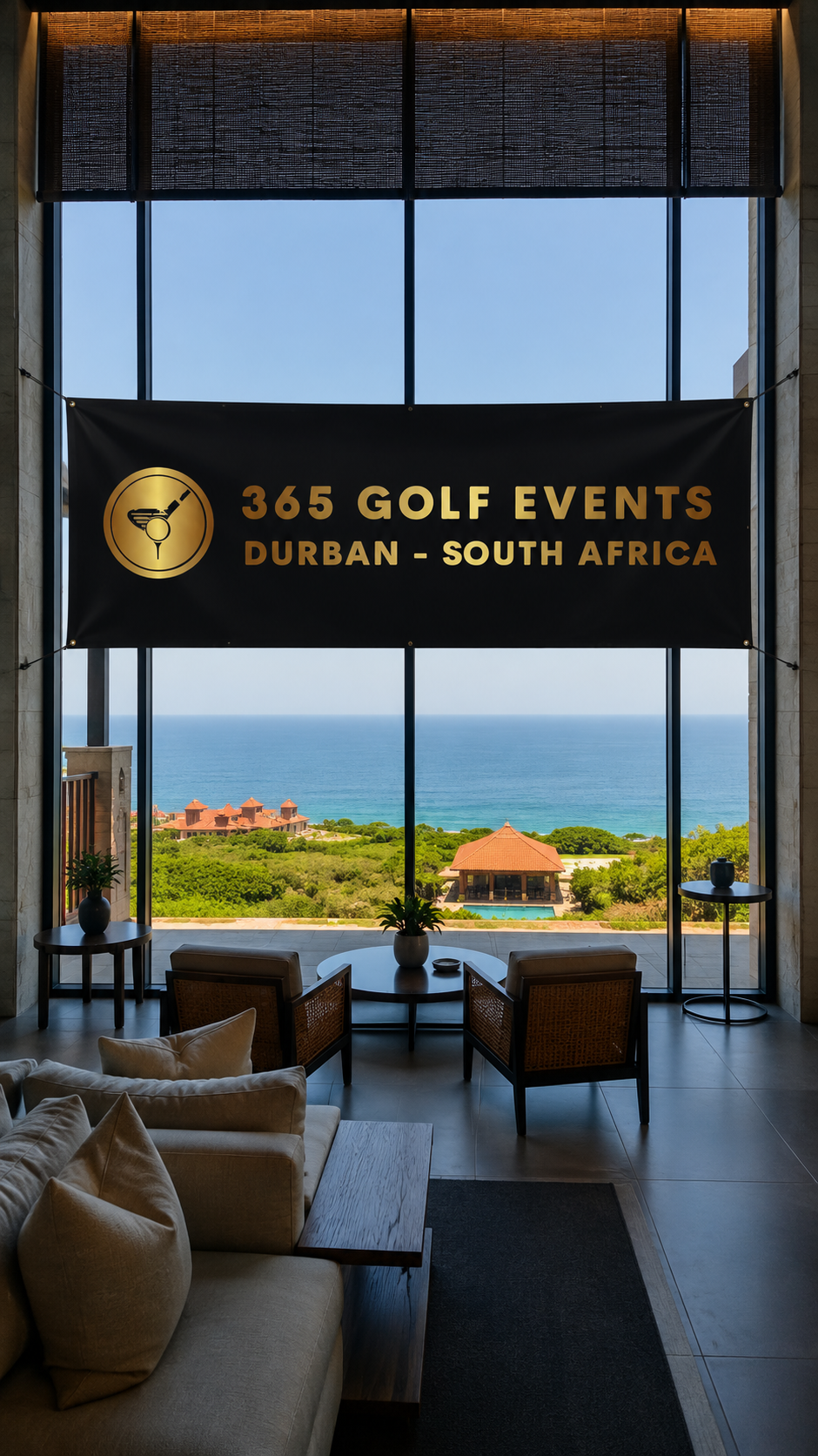 Interior view of a hotel or clubhouse overlooking the ocean through large windows, with comfortable seating and a banner advertising 365 golf events in Durban, South Africa.