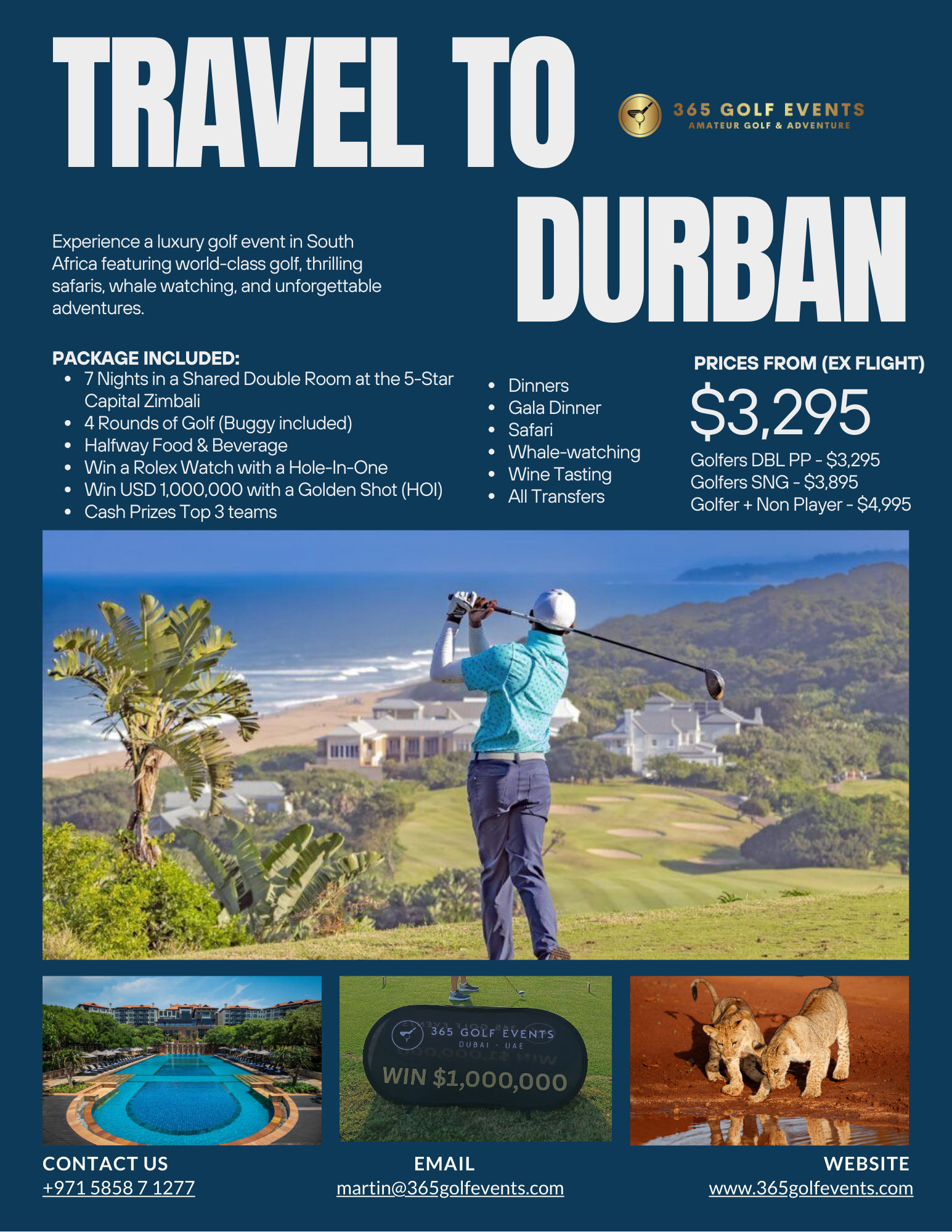 Advertisement for a golf event in Durban, South Africa, organized by 365 Golf Events. The flyer promotes a package including 7 nights in a shared room, golf rounds, food, drinks, and various activities starting at $3,295. It features images of a golfer, hotel pool, a golf prize, and lions.