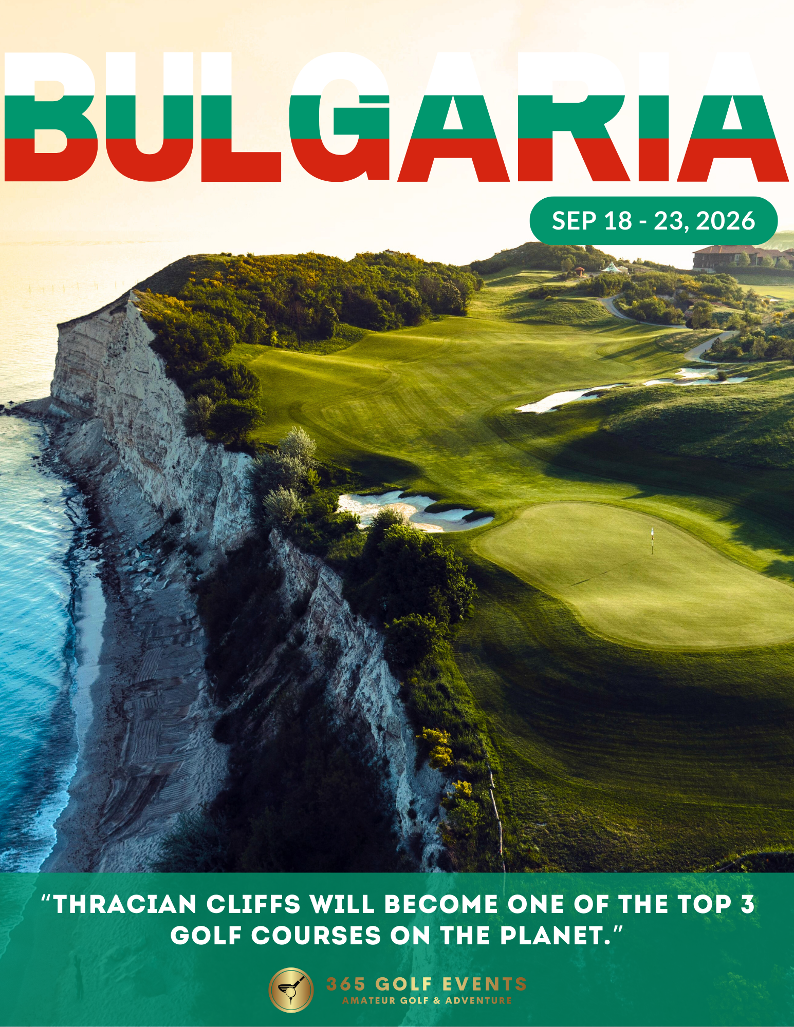 A scenic aerial view of a golf course on a cliffside overlooking the ocean in Bulgaria, with the course's greens, bunkers, and surrounding lush landscape.