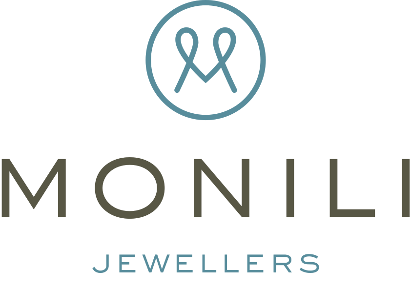 Monili Jewellers logo with a circular emblem featuring an abstract design of two curved lines.