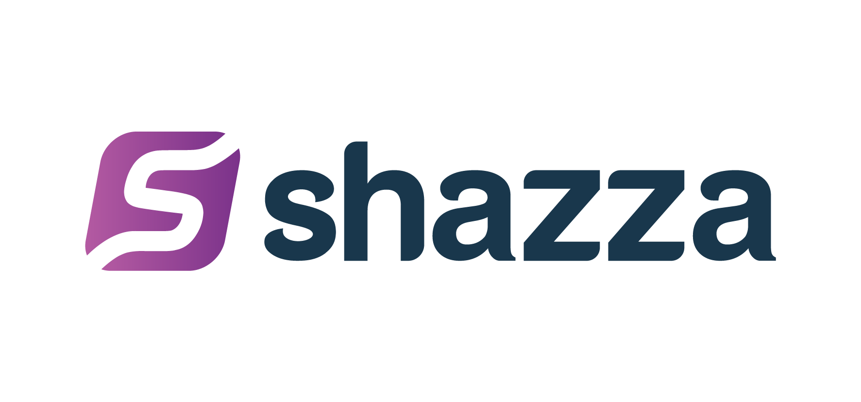 Shazza logo with a stylized purple and black 'S' icon and the word 'shazza' in dark blue lowercase letters.