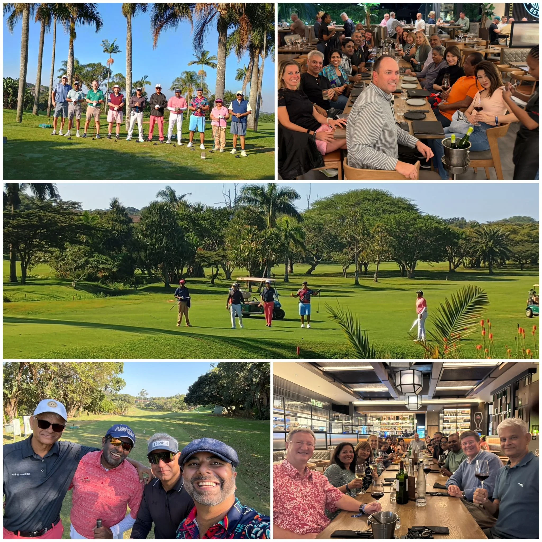 A collage of five photos capturing social activities: top left shows a group of people playing golf on a sunny course with palm trees; top right depicts a large group dining in a restaurant, smiling and enjoying drinks; middle left features a group o