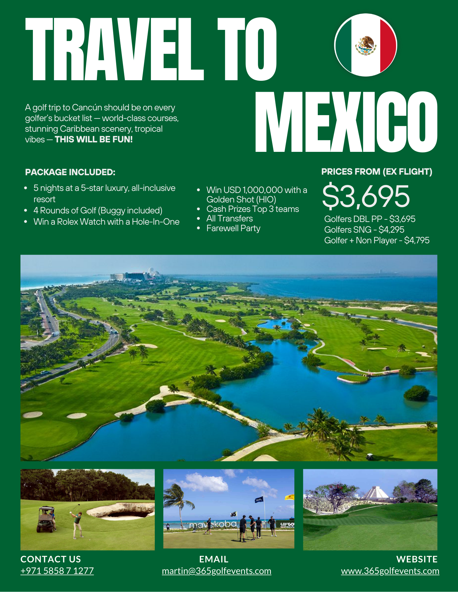 Travel to Mexico promotional flyer with images of golf courses, a golf player, and the Mexican flag.