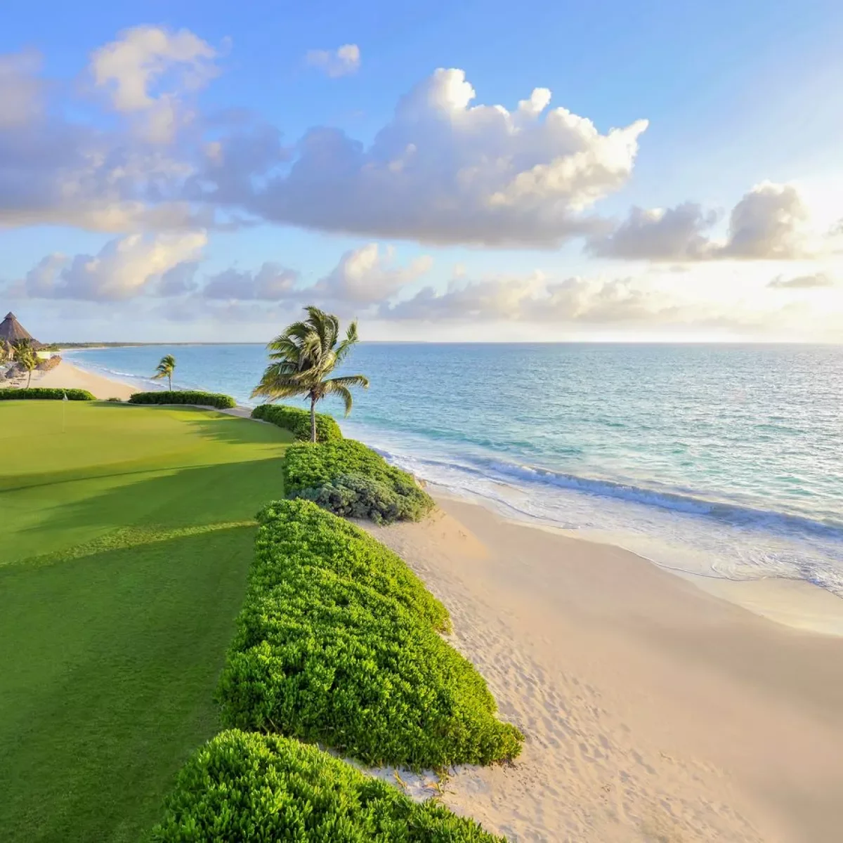 Tropical beach with palm trees, lush greenery, sandy shore, and calm ocean under partly cloudy sky.